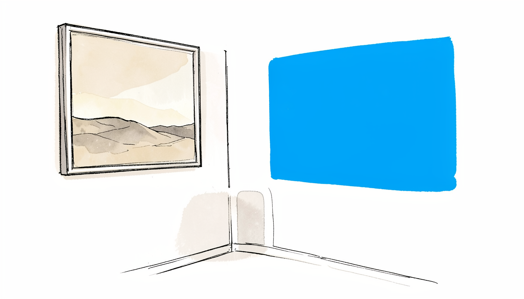 Hand-drawn ink illustration of a calm living room corner with a large framed minimalist landscape print on the wall above a soft beige sofa, muted sage and cream tones, serene mood