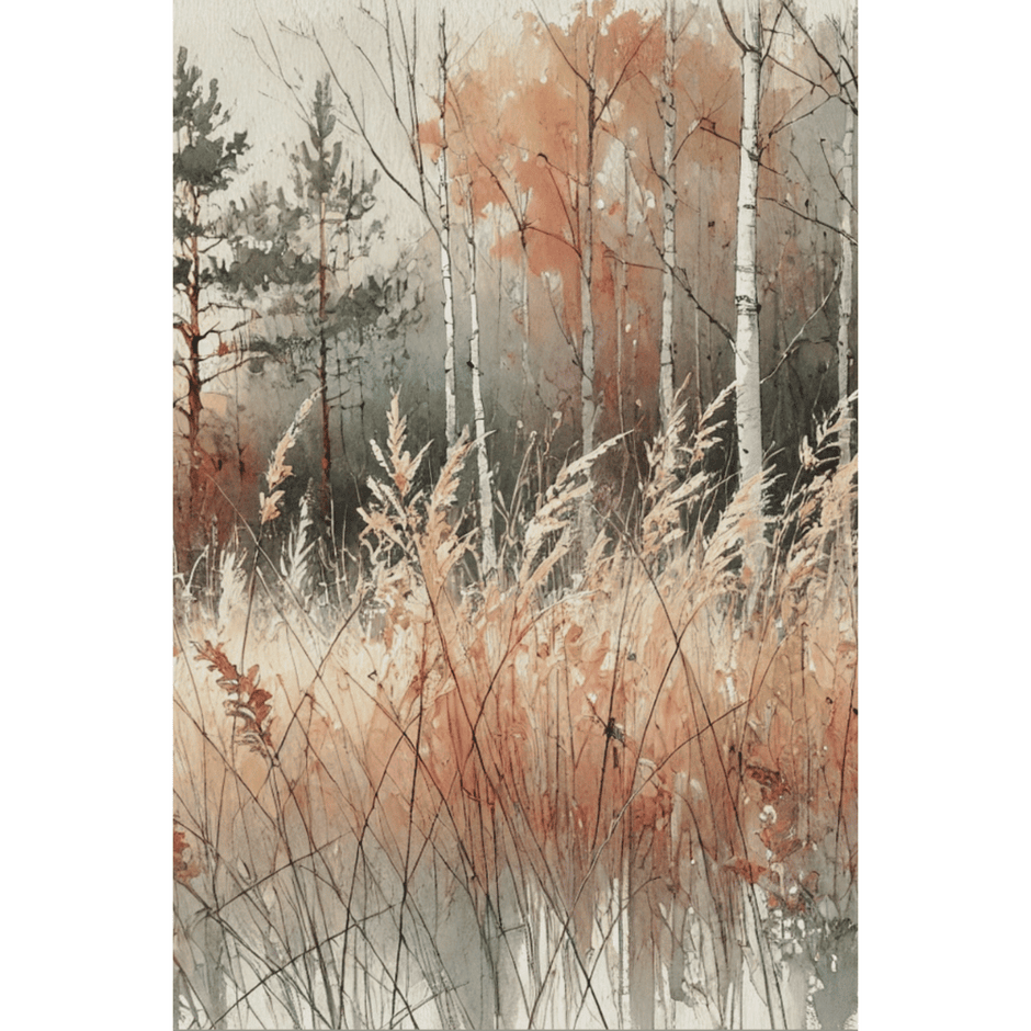 Watercolor painting of birch trees and tall autumn grasses in soft orange, tan, and grey tones, gentle seasonal mood