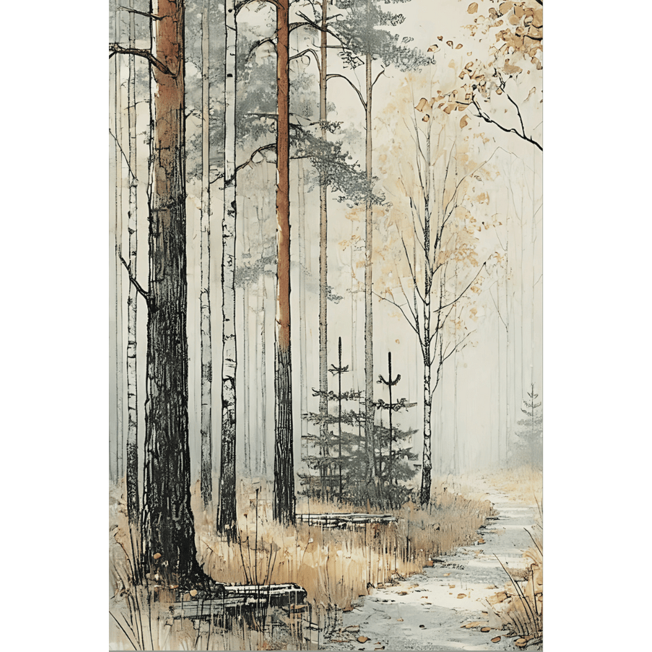 Illustrated forest scene with tall pine and birch trunks, autumn grasses, and a stone path, in muted gray, tan, and rust, tranquil mood